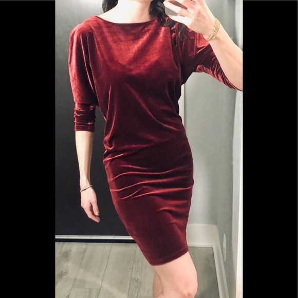 Y2K designer Sexy stretch shoulder cut out wine velvet or maternity dress - Picture 2 of 7